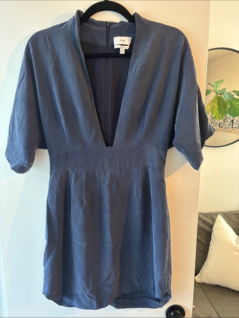 Slate Blue V-Neck Short Sleeve Silk Dress